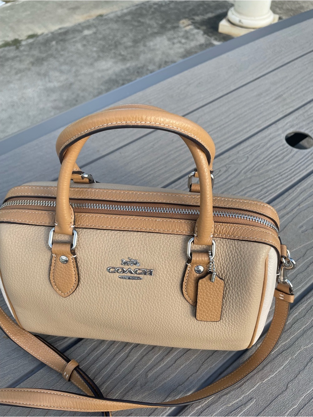 COACH Medium Tan and Cream Pebbled Leather Rowen with Detachable Strap - Picture 8 of 10